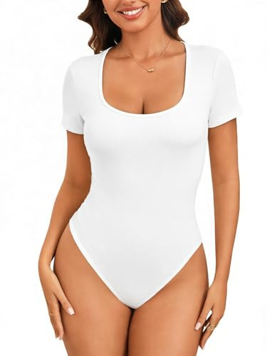 Monbessi Bodysuits for Women Uk U-Neckline Short Sleeve Body Suit Slim Fit Ladies Bodysuit for Going Out