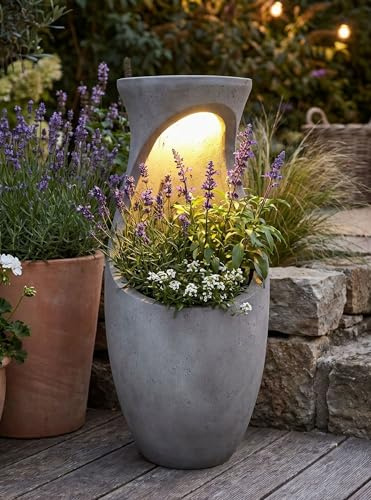 Macetero con iluminación LED solar Win 32 – 61 cm maceta de hormigón efecto concreto grande para jardín y patio, resistente a la intemperie, iluminada