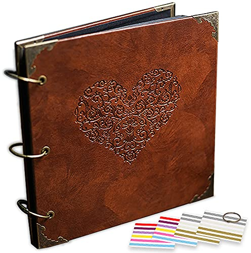 ADVcer Fotoalbum oder DIY-Scrapbook (25,4 x 25,4 cm, 50 Seiten, doppelseitig), Vintage-Ledereinband, Dreiring-Binder-Bild mit 6 Farben, 306 selbstklebende Fotoecken für Erinnerung