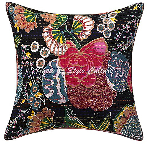 Stylo Culture Ethnicas Funda Almohadon Decorativos 40x40 cm Algodón Tropicana Fundas para Almohadones Cama Negro 16x16 Inch Kantha Cuadrado sobre Fundas De Cojines De Sofa - 1 Pc
