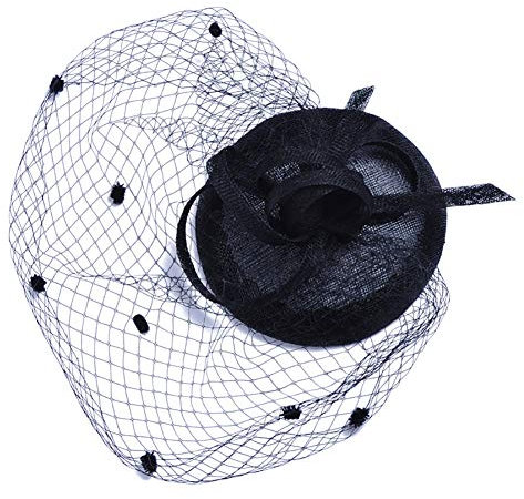 Lazeny Elegant Schleier Punkt Fascinator Damen Hut Haarklammer Hochzeit Braut Feder Blume Haarnadel Hut Kopfbedeckung Party Cocktail Kopfbedeckungen Cap für Frauen (Schwarz)