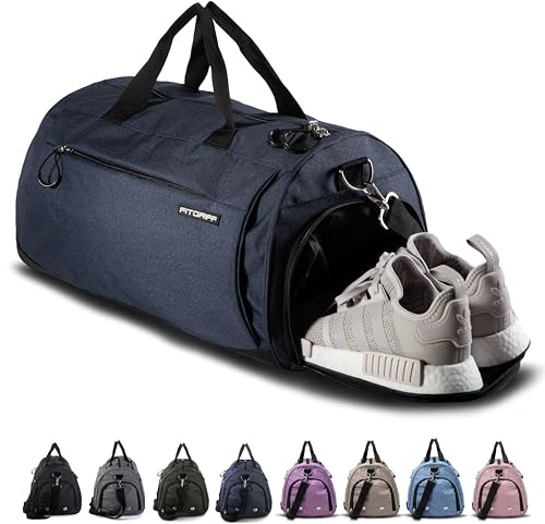 Fitgriff® Borsone Palestra Uomo & Donna V1 - Borsa Sportivo con Porta Scarpe e Tasca Umida da Viaggio, Sport, Fitness, Piscina - Duffel Bag (Navy Blue, 58 x 31 x 31 cm (Medium))
