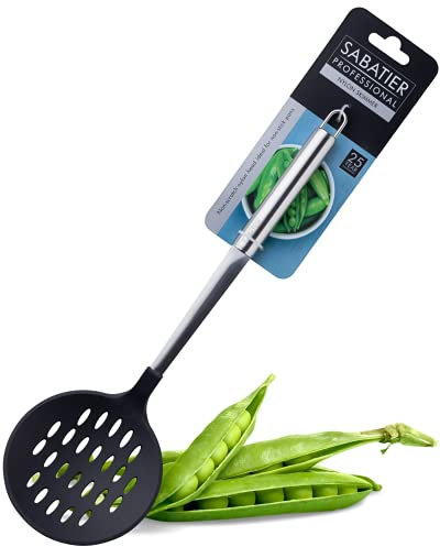 Sabatier Professional Nylon Skimmer - by Taylors Eye Witness. Anti-Scratch for Non-Stick Pans. Dishwasher Safe. Stainless Steel Core and Handle. 25 Year Guarantee. Large Slotted Spoon.