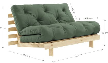 Karup Design Roots 2 sitzer Futon Schlafsofa im skandinavischen Stil Sofa mit Schlaffunktion im Natur Holz mit Olivgrün Matratze 140 x 200, Gästebett 20 x 140 x 200