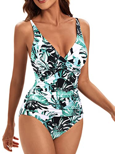 VILOREE Monokini dam, magkontroll, slimmande baddräkt, plusstorlek, magminskande badkläder för mulliga, Blad, M
