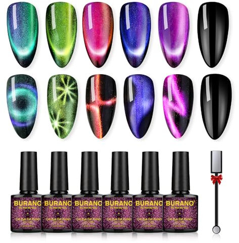 BURANO Cat Eye Gel Polish Set 9D Holorgraphic Translucent UV Gel with Magnet, 6 Colors Pink Nude Purple Green Blue Cat Magnetic Eye GelPolish DIY Home (Kit03)