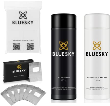Bluesky Gel Polish Prep, Wipe and Remove Kit. Acetone Gel Polish Remover 250ml, Foil Removal Wraps x 50, Cleanser 250ml + Lint Free Wipes x 100. Gel Nail Polish Removal, Prep and After care.