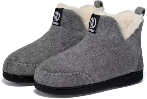 BUGUKI Hausstiefel Herren Plüsch Gefüttert Hüttenschuhe Damen Filz Hausschuhe Hohe Winter Warm Hüttenstiefel Filzpantoffeln Grau Gr 42 43