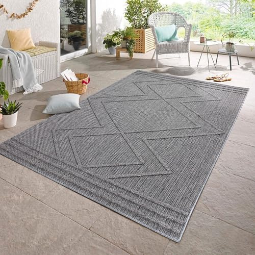Carpetsale24 In & Outdoor Bouclé Teppich Läufer wetterfest Grau 80x150 cm Skandinavische Boho Design 3D Hoch Tief Effekt ideal für Flur Balkon oder Küche