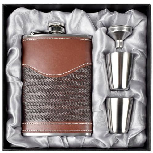 LHD Home Flachmann-Set für Herren - Leder-Design, 304 Edelstahl mit Trichter und Schnapsgläsern - Geschenk für Whiskey, Rum, Trauzeugen, Usher - Gestreift, Braun