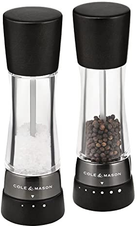 Cole & Mason Derwent Black Wood Salt and Pepper Mills, Gourmet Precision+, Adjustable Grind, Stained Beech/Acrylic, 190 mm, Gift Set, Includes 2 x Salt and Pepper Grinders