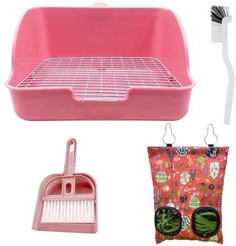 Rabbit Litter Box with Hay Bag, 4-in-1 Rabbit Potty Toilet Feeding Cleaning Set for Dwarf Bunny Guinea Pig Chinchilla (Pink)