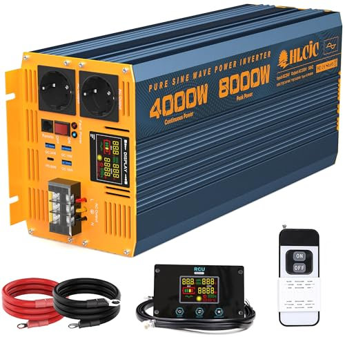 4000W/8000W Reiner Sinus-Spannungswandler 24V auf 230V Wechselrichter mit PD60W/QC18W/24W Schnellladung USB-Anschlüsse 2 EU Steckdose Klemmenblock 2 Fernbedienungen LCD-Anzeige für Wohnmobil LKW KFZ