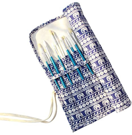 20 Slot Pencil Roll Up Case, Portable Canvas Artist Paint Brush Holder Large Capacity Drawing Pen Pouches Cases Bag Storage Paintbrush Organizer Teenage Girls Boys Stylish Stationery School, Blue