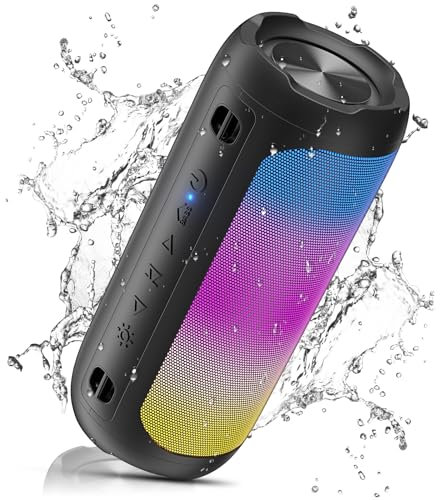 VOSFEEL Enceinte Bluetooth Puissante avec Basses, IPX7, Autonomie 30H, Enceinte Portable Bluetooth Mains Libres, Lumière Respiratoire Synchronisée avec La Musique, pour Extérieur/Fêtes/Réunions