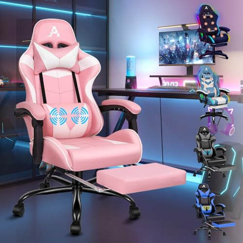ALFORDSON Massagespelstol, 150° lutning, ergonomisk verkställande kontorsstol, PU-läder med fotstöd, justerbar höjd, tävlingsstol, 180 kg kapacitet, VOGLER, Rosa