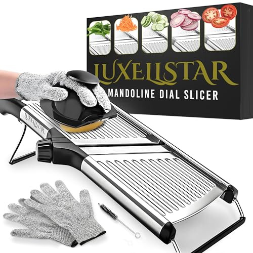LUXELLSTAR Mandoline Slicer for Kitchen Stainless Steel–Adjustable Thickness Vegetable Slicer with Julienne Style Cutting, Safety Handguard Knob–Food Cutter for Veggies, Potatoes, Salad & Meal Prep