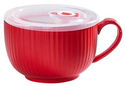 HANSULAN Groß Suppentassen Kaffee Tassen Mit Deckel Für Backofensicher,Keramik Breit Suppenschüsseln Mit Henkel Für Kaffee Milch Eis Haferflocken Frühstückstasse-Rot-830ml