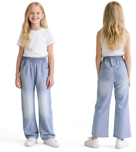Baogaier Jeans para Niñas, Holgados de Pierna Ancha Vaqueros Casual Pantalones con Cintura Elástica, Largos Stretch Azul Lavado Denim Jeans con Bolsillos Moda Infantil Pants 13-14 años