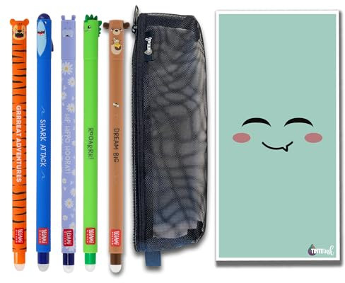 Legami Radierbare Stifte-Sets mit niedlichem Umschlag und Netz-Federmäppchen. - Tiger, Hai, Dino, Teddy und Nilpferd