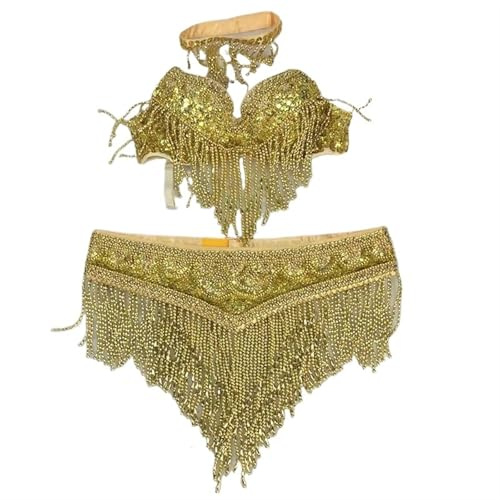 GMGQJST Damen Pailletten Perlen Bustier Crop Top Bauchtanz-Kostüm, 3-teiliges Set, BH-Gürtel, Halskette, Gold und Silber, Weiß, 4 Farben(Gold,Bra38B Belt90cm)