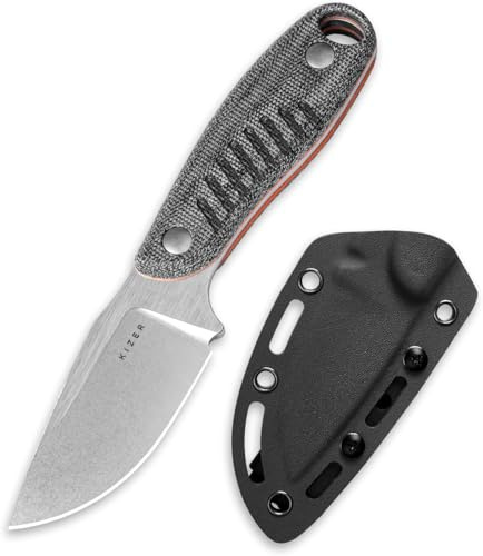 Kizer Hare Kniv med Fast Blad och Slida, 8 cm Nitro V-blad EDC Jaktkniv med Svart Micarta och Orange G10-handtag, Små Bushcraft-hals knivar, Campingknivar för män och kvinnor, 1077A2