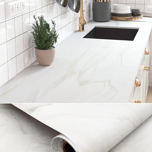 80cm×3m, Matt Marble Vinyl Wrap for Furniture, Worktop Vinyl Covering, White Marble Sticky Back Plastic Roll, Durable Heat-Resistant Contact Paper Self Adhesive for Kitchen Worktops Countertops