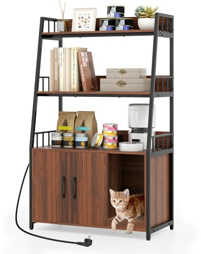 COSTWAY Katzenschrank mit Bücherregal, Ladestation, 3 Ebenen, Kratzmatte, Eingang, Katzenklo Schrank für Katzentoilette, Katzenhaus für Katzen Hunde Haustier, Katzenmöbel Indoor, 80x40x132cm (Walnuss)