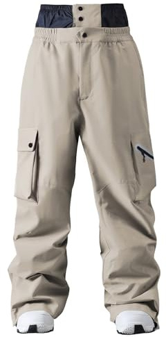 GS SNOWING Mens Ski Pants Super Baggy Snow Snowboard Insulated Waterproof Windproof Loose Cargo Pant for Outdoor Sports Khaki L