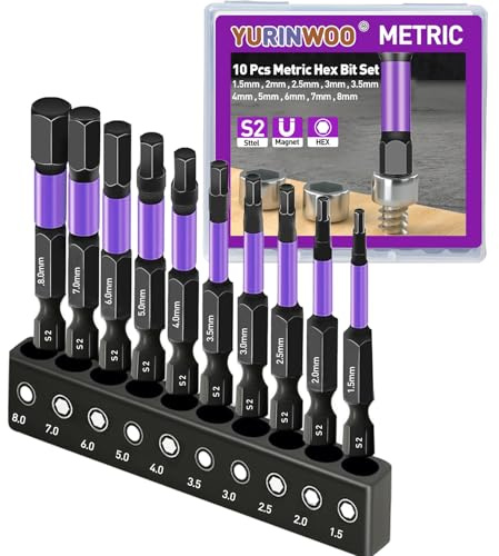 10Pcs Hex Head Allen Wrench Drill Bit Set (Metric), S2 Steel Bits Set, CNC Machined Tips with Magnetism, 1/4” Hex-Shank Inner Hexagon Screwdriver Bit, 2 Long with Storage Box