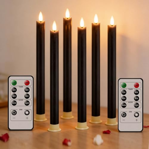 RosMank 6er Set LED-Kerzen, mit 10-Tasten-Fernbedienung, Flammenlos, aus Echtem Wachs, Dekoration für Weihnachten, Geburtstag, Hochzeit und Party, Schwarz