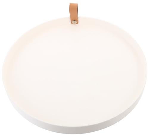 MINAOLULUS Vassoio Portaoggetti Circolare in Pu Pelle Bianco Manico, Vassoio per Cosmetici e Articoli da Toeletta, Piatto da Toeletta da Banco Multiuso per Bagno e Camera