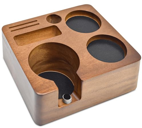 Shocanm Tamperstation 51/54mm, Espresso Tamper Station Walnuss Holz für Siebträger Zubehör, Kaffee Tamping Station mit Silikonkissen, Kaffeemühle Tamperhalter für Kaffeemaschine Barista Zubehör