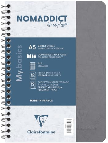 Clairefontaine 785325C Agebag spiralbok (DIN A5, 14,8 x 21 cm, 50 ark, rutig, dubbel spiralbindning, praktisk för resor, robust och belastbar) 1 st grå