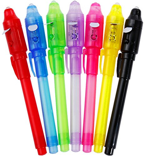 GOLDGE Lot de 7 stylos secrets UV secrets pour enfants - Écriture invisible - Lisible par la lumière