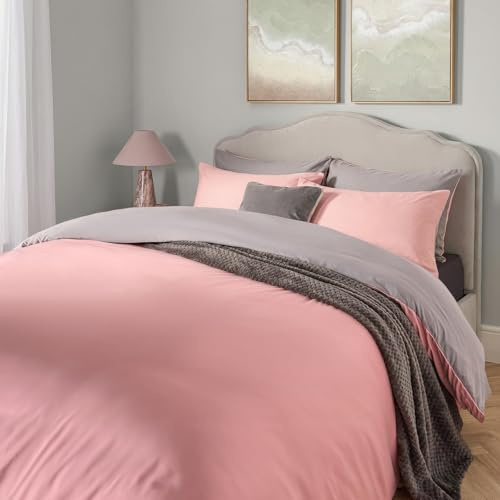 Brentfords Double Duvet Set, Super Soft Cosy Warm Luxurious Plain Dye Modern Comfy Reversible Double Bedding Set with 2 Matching Pillowcase - Blush Pink/Grey
