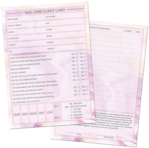 Lot de 50 cartes pour le soin des ongles – Carnet de consultation client de salon et thérapeute – Services de traitement essentiels – Formes de profil et d'enregistrement – Cadeau, bons de fidélité
