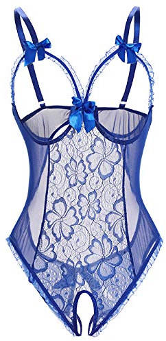 Voqeen Kvinnor Sexiga Underkläder Erotisk Bodysuit Spets Underkläder Exotiska Träningsoverall Öppen Ring Babydoll Underkläder Outfit Perspektiv Pyjamas Bekväm Sovkläder Kostym, Blå, XL