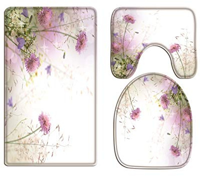 A.Monamour Badezimmer Badematte 3 Teilig Set Romantische Lila Blumen Naturlandschaft Blumenhintergrund Flanell WC Toilette Deckel Deckt Bad Matte Teppich Badteppiche Badvorleger Badgarnitur Vorleger