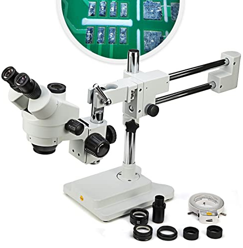 Swift S7 3.5X-90X Professional Simul-Focal Trinocular Stereo Zoom Microscope with WH10x Eyepieces, 0.7X-4.5X Objective,144 LED Ring Light, Double Arm Boom Stand, Includes 0.5X and 2.0X Barlow Lens