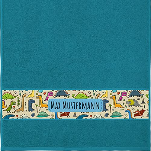 Manutextur Handtuch Mit Namen - Personalisiert - Dinosaurier Motiv - Viele Farben - Dusch-Handtuch - Petrol - Größe 50x100 cm - Persönliches Geschenk Mit Wunsch-Name