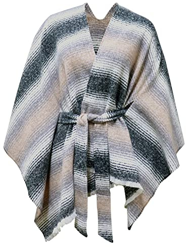 Poncho de Punto para Mujer Capa Frente Abierto con Cinturón de Otoño Invierno para Mujer Poncho Cálido Capa Ribete de Flecos Cárdigan Suéteres con Flecos de Damas Chal Térmico(Gris)