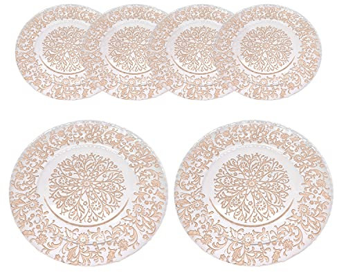WedDecor 13 Inch Rose Gold Glass 6pcs Charger Plates with Royal Design – Perfect for Weddings, Parties, Dinner Table Decorations, and Special Events – 33cm Floral Design Glass Charger Plates
