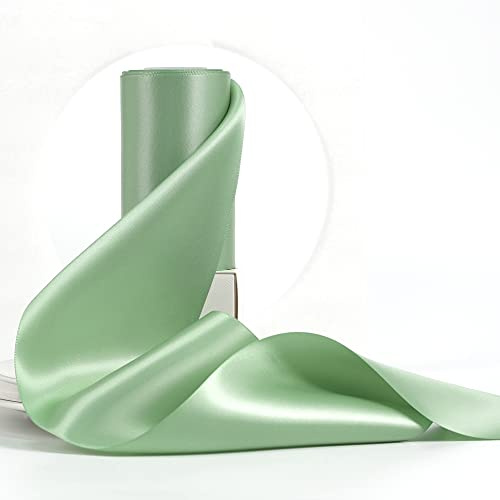 HUIHUANG 10.2 cm breites Satinband, salbeigrün, dickes Stoffband, doppelseitiges Satinband für Stuhl, Schärpe, Hochzeit, Blumenstrauß, Party, Dekoration, große Schleifen, Handwerk, 9.1 m pro Rolle