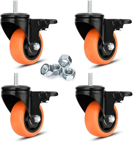 3 inch Threaded Stem Casters Set of 4 Heavy Duty 1000Lbs 3/8''-16x1'' Castor Wheels Dual Locking Industrial Caster Swivel Caster with Brakes Safety Smooth No Noise Wheels for Cart, Furniture