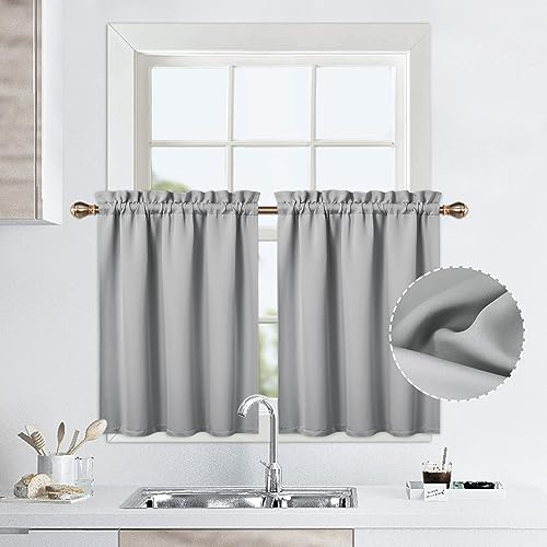 LinTimes Short Curtains for Bathroom Set 2 Panels Rod Pocket Cafe Tier Curtains Light Blocking Blackout Room Darkening Camper Curtains for Small Windows Kitchen 26x36 Inch Length Light Grey Wine