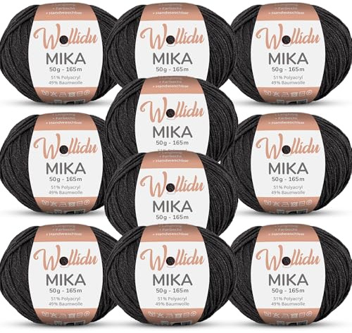 Wollidu Mika Stickgarn, 51 % polyakryl, 49 % bomull, för virkning och stickning, Oeko-Tex, 10 x 50 g, 165 m, antracitgrå