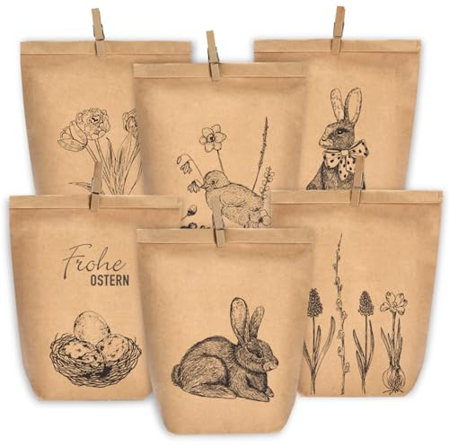 KOHMUI Ostertüten zum Befüllen, 12 Geschenktüten Ostern, Ostermotive Schwarz Bedruckte Tüten mit Klammern, Osterhasen Basteln Set für Kinder