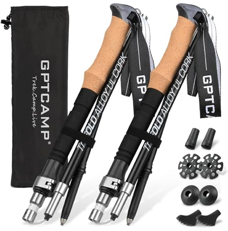 GPTCAMP Gångstavar – justerbara vandringsstavar, vandringsstavar med snabbt flipplås, lätt hopfällbar, hållbar 7075 aluminium, naturliga anti-svett korkgrepp, alla terränger