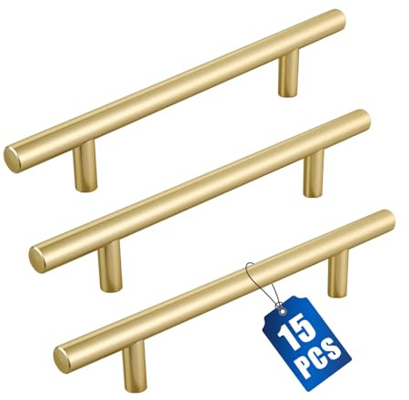 HIOQFR 15 Stück Möbelgriffe Gold 128mm Lochabstand Küchengriffe Edelstahl Türgriffe Schrankgriffe für Küchenschränke Schubladengriffe Kleiderschranktürgriffe lang mit Schrauben für Möbel, Küche
